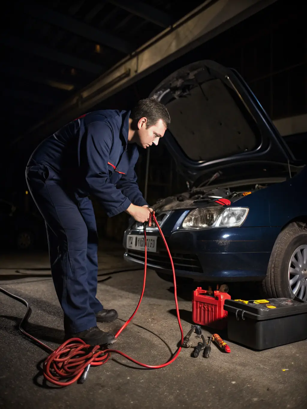 A technician using a portable jump starter to revive a car battery in a parking lot, highlighting the reliability and efficiency of Flat Tire Mobile Roadside Service's battery jump start service.