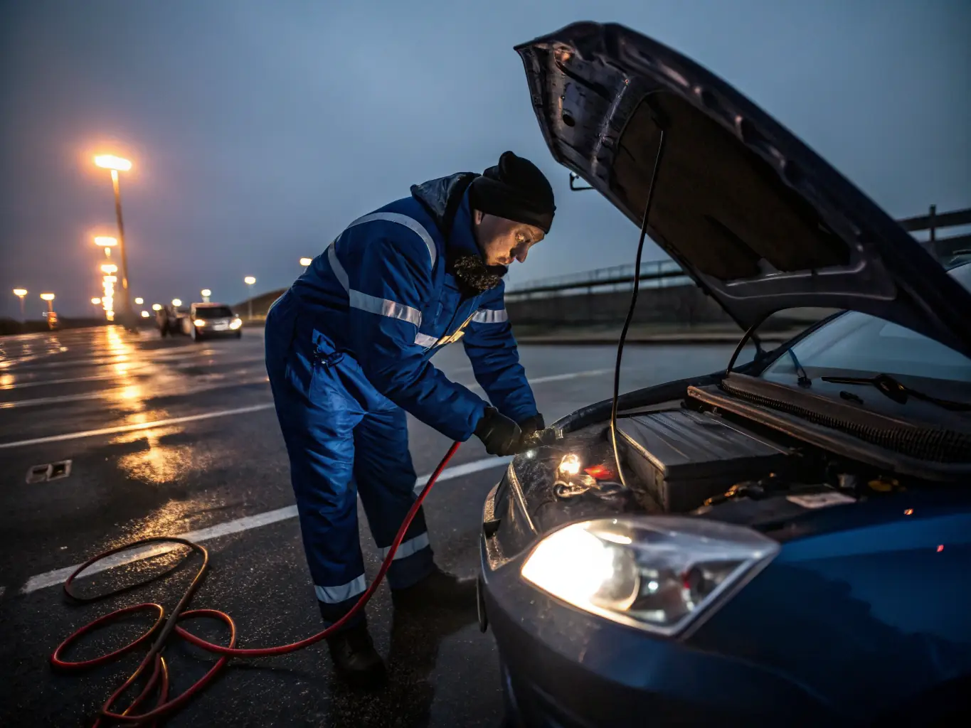 A technician jump-starting a car battery with jumper cables connected to another vehicle.